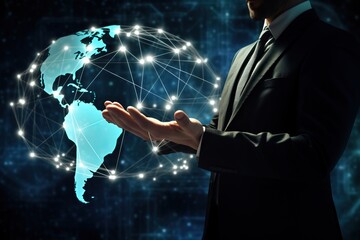 Businessman touching global network and data exchanges over the world 3D rendering Generative Ai