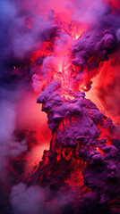 Volcanic eruption with magma and smoke in magenta color