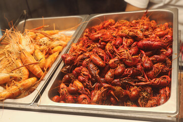 Shrimps And Crayfish on the Asian Night Market Closeup