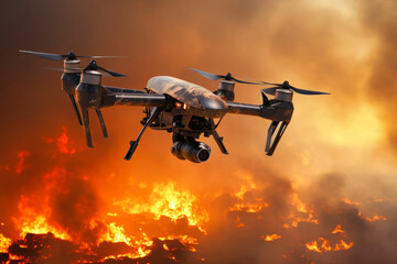 Military drone in flight observing positions. An unmanned aerial vehicle against the background of an explosion. War. Intelligence service. Modern weapons.