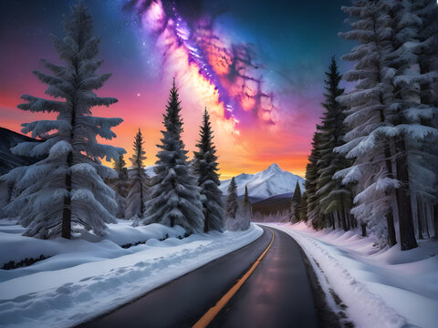 Road leading towards colorful sunrise between snow covered trees with epic milky way on the sky © A8Artprints