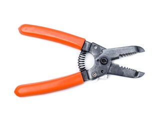 Obraz premium Wire stripping pliers with orange handles isolated on white background.