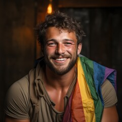 Pride and Joy: A Colourful Celebration of Love and Acceptance. A man holding a rainbow flag and laughing. LGBTQI+ Pride