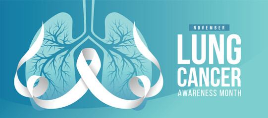 November, lung cancer awareness month - white ribbon awareness sign roll waving on abstract lung with root sign on blue green gradient background vector design - 673658748