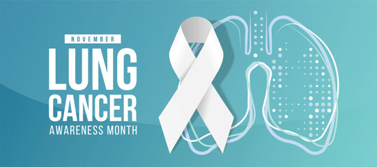 November, lung cancer awareness month - white ribbon awareness sign on abstract line and dot lung sign on blue green gradient background vector design - obrazy, fototapety, plakaty