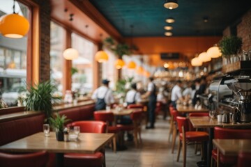 Blur coffee shop or cafe restaurant, Blurred restaurant background with some people and chefs and waiters working. Generative Ai.