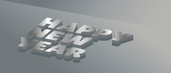 Happy new year backdrop with 3d word on silver gradient background. Vector lettering design. Abstract, futuristic text effect image EPS 10. Template, greeting card, poster, banner, website, wallpaper.