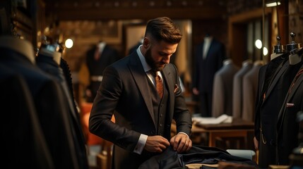 Scene in a men's suit tailor, formal suit shop. A gentlemen wearing a size measurement jig suit. Well dressed gentleman, of a tailored suit shop