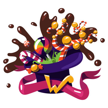 Purple hat with candy. The world of Willy Wonka hat with fictional sweets. The chocolate factory. Willy Wonka chocolate. A hat with sweets, a ribbon and the letter W on a white. Production of sweets