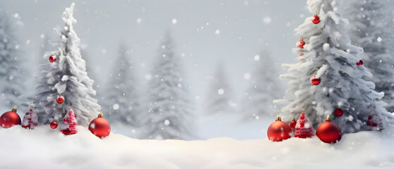 Beautiful ultra-wide festive Christmas snowy background, snowfall outdoors, banner format, copy space.