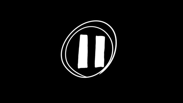 手描きの２本の縦線の一時停止マーク（ラフな二重丸つき）・アイコンのパラパラアニメーション素材　白黒・アルファ　10秒ループ