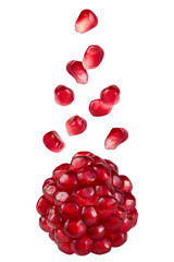 Levitation of pomegranate seeds isolated on transparent background.
