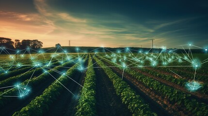 Digital farming, digital network, Iot, and Ai in agriculture and farming - obrazy, fototapety, plakaty