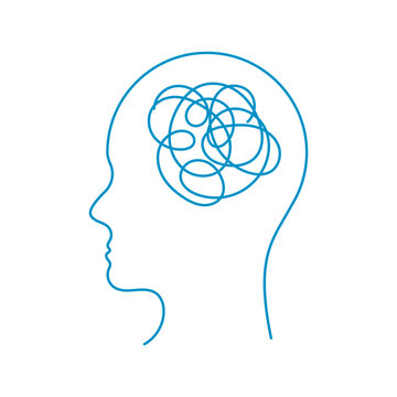 recommend clip art: Vector human head silhouette with brain as tangled messy line. Chaos in the head.