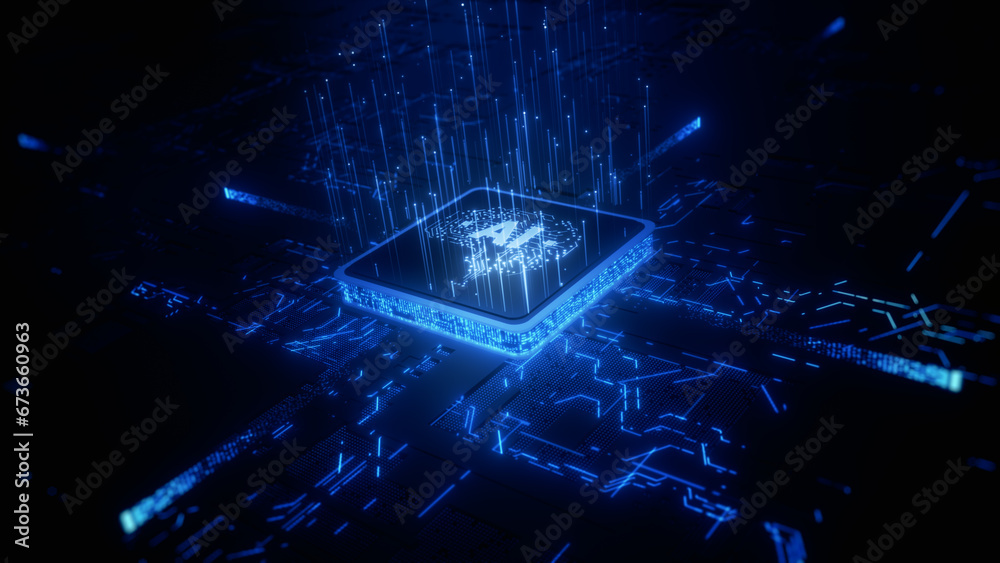 Poster artificial intelligence concept. brain over computer chip on circuit board. chatbot and learning mod