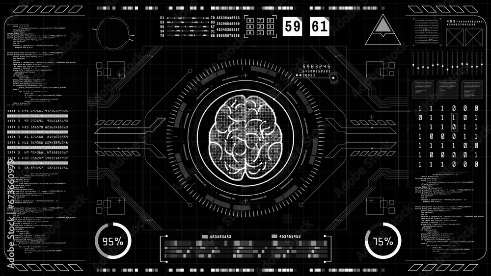 Poster hud futuristic user interface of artificial intelligence concept with brain icon, deep learning comp