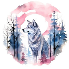 Watercolor Winter Wolf In Forest Illustration