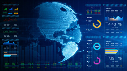 Fototapeta premium Financial and global economy. Business charts and data numbers, Information reports for business strategy. Business and financial global investment. Technology data analysis. 3d Rendering