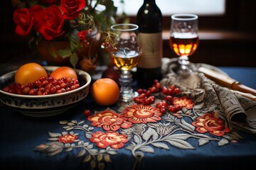 Vintage embroidered tablecloth, highlighting the artistry of past generations, Generative AI