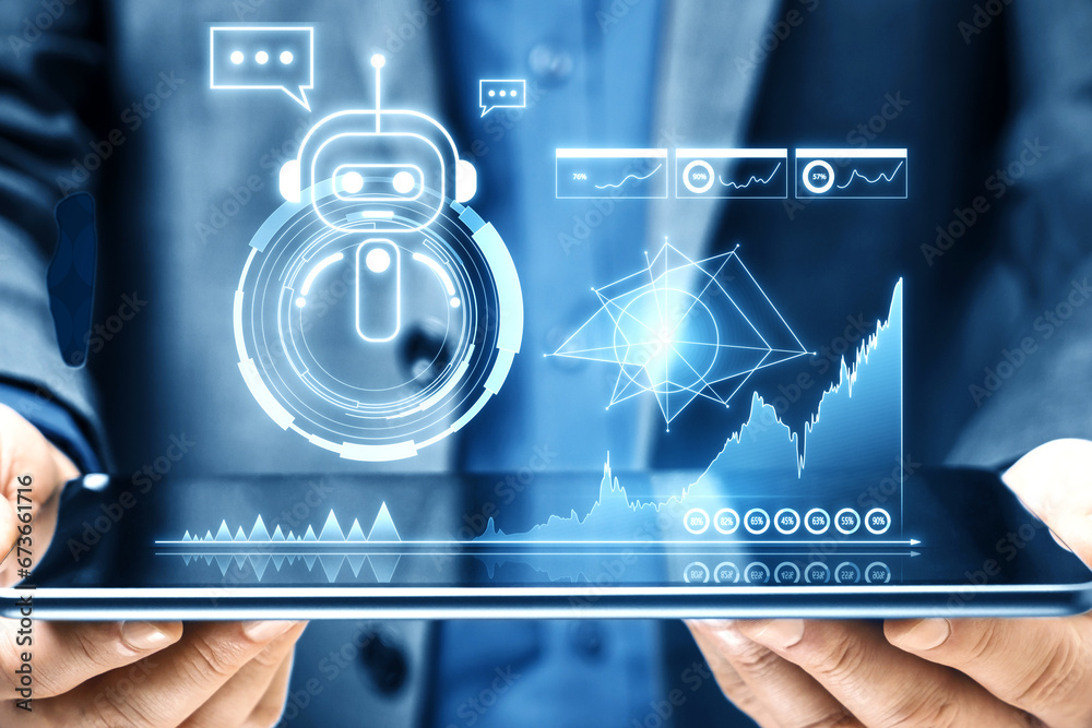 Leinwandbilder close up of businessman hand holding tablet with glowing robot and chart hologram on blurry backgrou