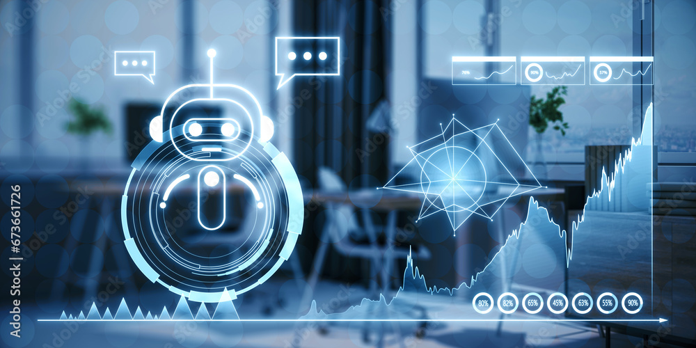 Fototapete Modern office workplace with computer and glowing robot and chart hologram on blurry background. Artificial intelligence, chat GPT, bot assistant and machine learning concept. 3D Rendering.