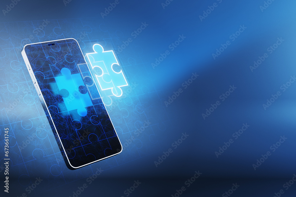 Poster Close up of smartphone with abstract glowing jigsaw puzzle on blue background with mock up place. Digital solution, collaboration, partners, merge, matching concept. 3D Rendering.