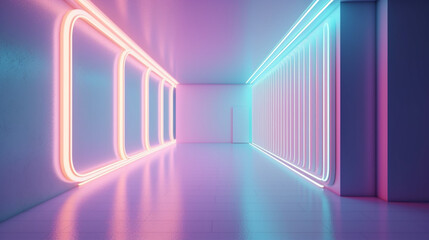 Abstract interior empty neon room or corridor. Colored modern minimal holographic design. Generative AI