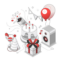 Birthday party - black and red isometric line illustration