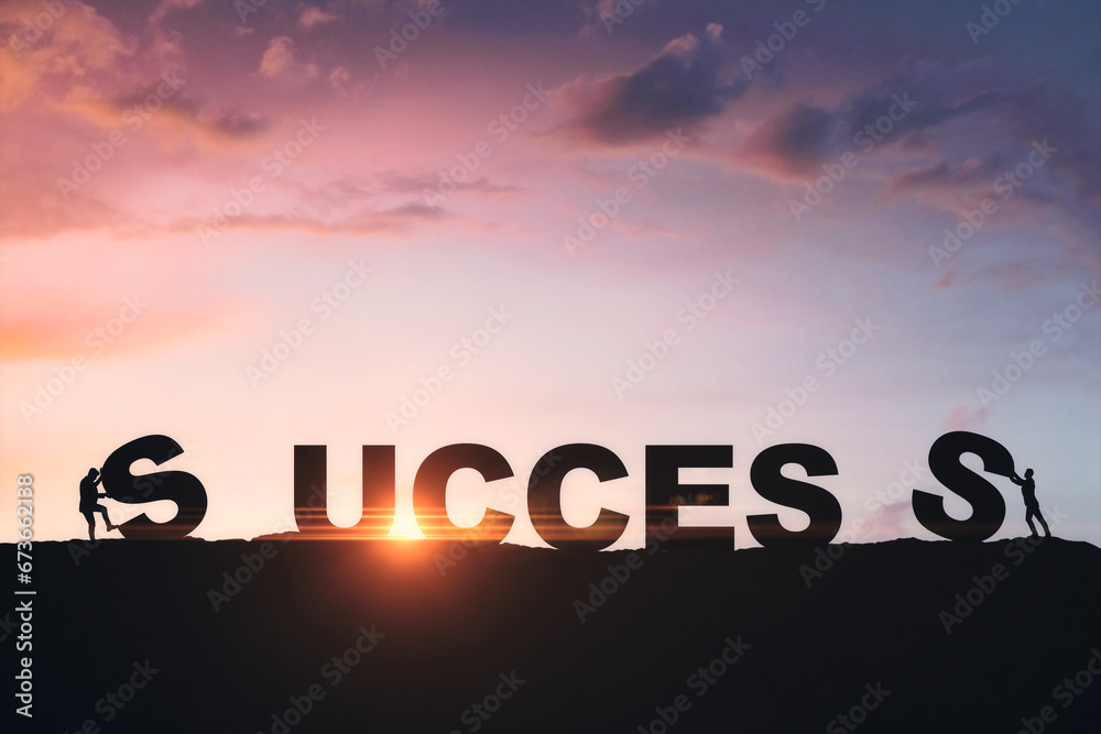 Poster tiny businesspeople putting backlit success letters together on sunset sky background with clouds an