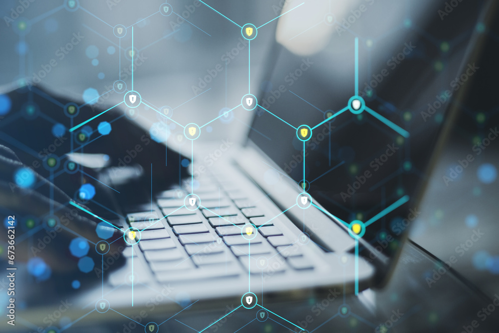 Poster Close up of backlit male hands using laptop with creative glowing hexagonal pattern with tiny padlocks on blurry background. Digital security and firewall concept. Double exposure.