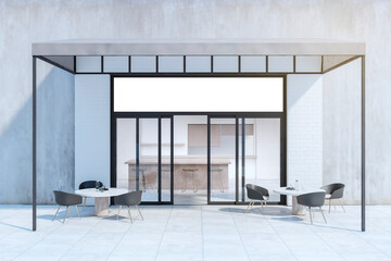 Modern cafe entrance with empty long mock up banner, tables, chairs and shadows. Coffee shop and restaurant exterior. 3D Rendering.