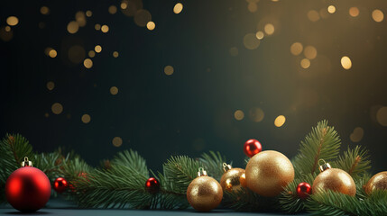Christmas background with red and golden balls and fir branches, copy space. AI