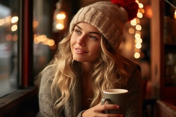 Beautiful woman having tea, next to the stove. Cold day.