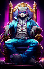 Fototapeta na wymiar Rich King Boss Animal sitting on it`s throne wearing a classic purple suit and a lot of money fall arround