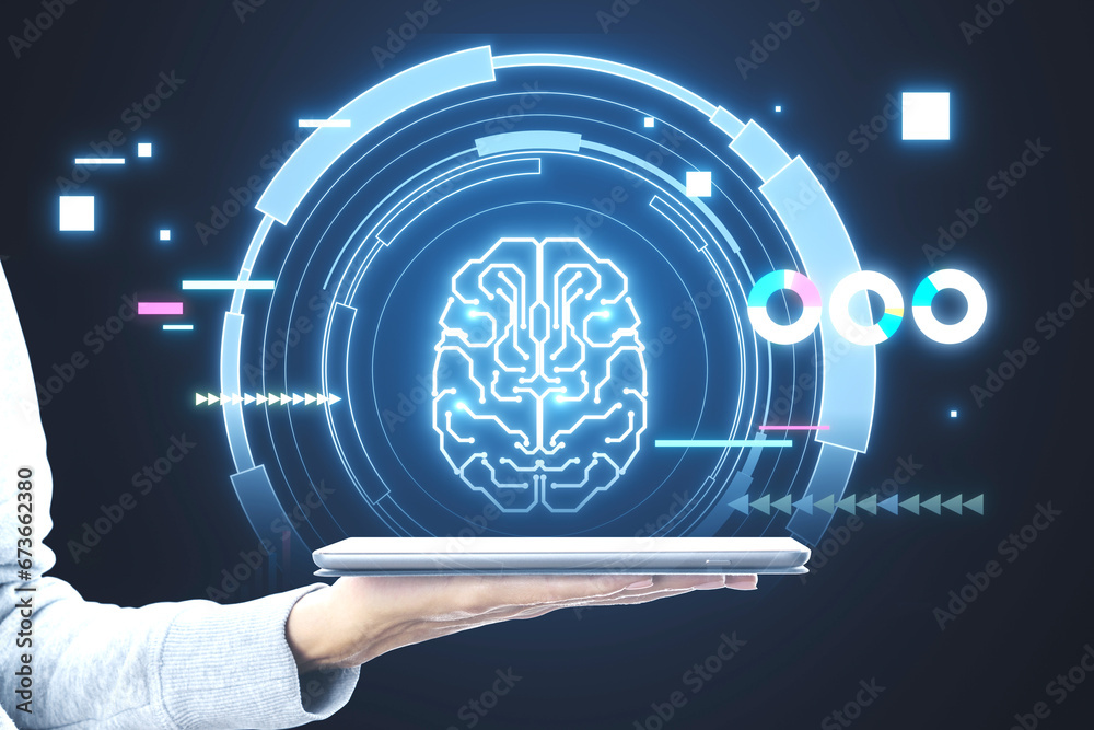 Aufkleber close up of female hand holding cellphone with glowing round brain hologram on dark background. arti
