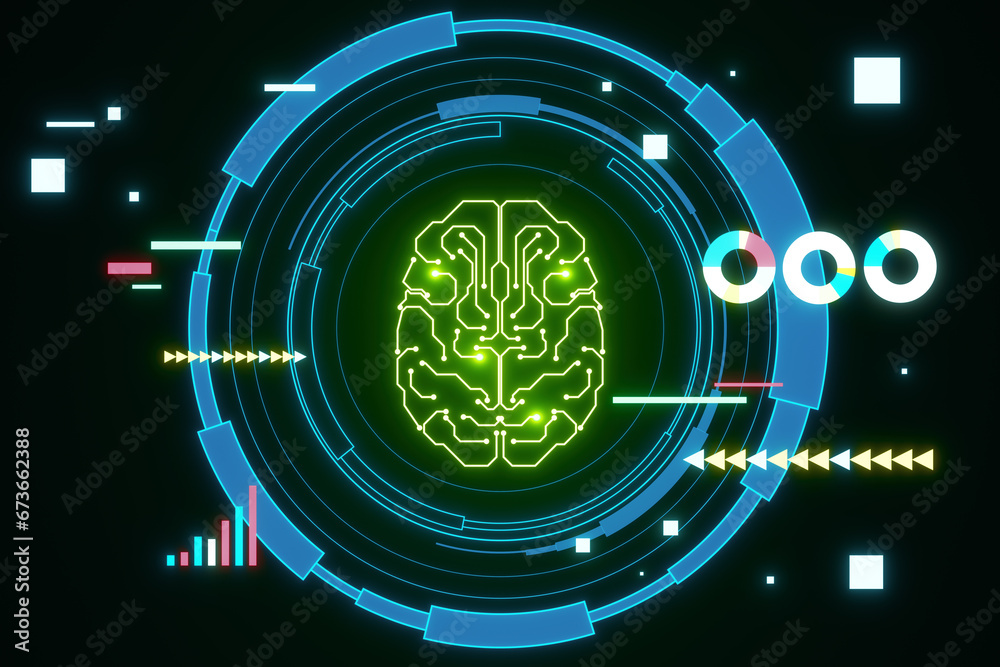 Poster Creative glowing round brain hologram on dark background. Artificial intelligence, chat GPT, bot assistant and machine learning concept. 3D Rendering.