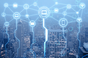 Creative glowing smart city hologram background. Innovation and future concept. Double exposure.