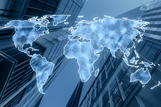 Creative digital map hologram on blurry city background. Double exposure.