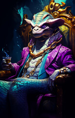 Rich King Boss Animal sitting on it`s throne wearing a classic purple suit and a lot of money fall arround