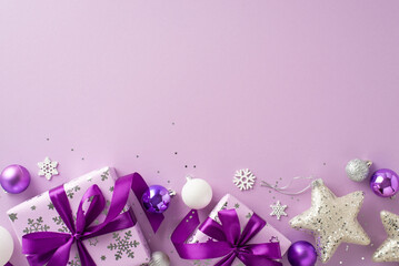 Fototapeta premium Send your congratulations with this charming gift display. Top view of beautiful lilac gifts, ornaments, shimmering stars, sequins, snowflakes adorning purple backdrop, featuring space for your text