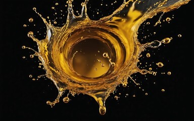 Beautiful olive or engine oil splashes arranged in a circle isolated on black background