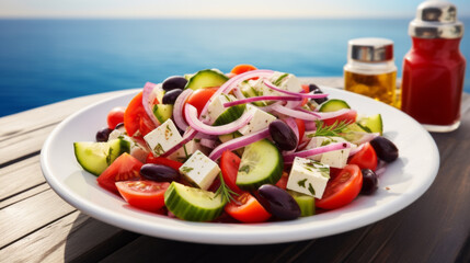 Fresh Greek salad - feta cheese, tomatoes, cucumber, red pepper, black olives and onion on wooden table
