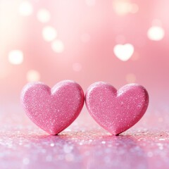 Two Hearts On Pink Glitter In Shiny Background
