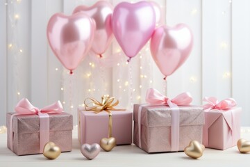 Romantic white room with balloons, hearts, and gift box   valentines day or christmas greetings