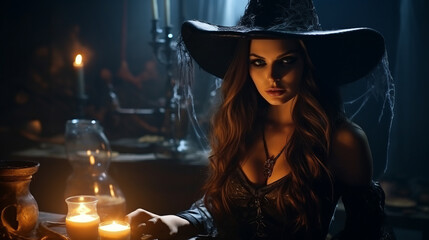 Beautiful woman making the witchcraft in the dark room