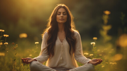 Front view. Beautiful woman is sitting outdoors at nature and doing meditation