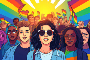 Pop art illustration, banner, texture or background depicting the pride day and the LGBT community with diverse people. - obrazy, fototapety, plakaty