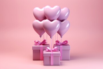 Colorful heart shaped balloons and gift boxes flying on pink background for gay parade celebration