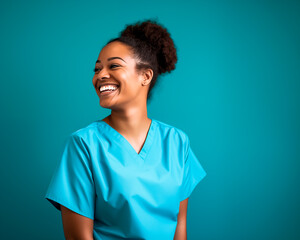 Nurse or healthcare professional looking happy and smiling. Colored woman wearing scrubs nurse uniform.  Isolated on blue or ceil background with copy space.  - obrazy, fototapety, plakaty