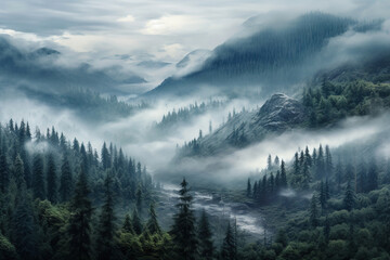 Fototapeta premium Photo realistic illustration of mountains forest fog morning mystic.